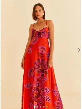 FARM Rio Red Maxi Dress with Floral Print